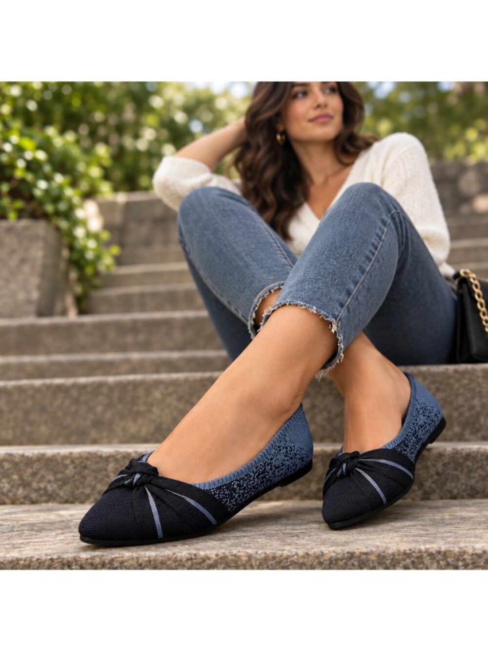 Twisted Knot Pointed Toe Speckle Knit Ballet Flats Ombre Breathable Slip-On Shoe